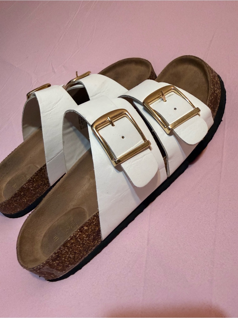 Time and Tru White Double-Strap Sandals with Gold Buckles